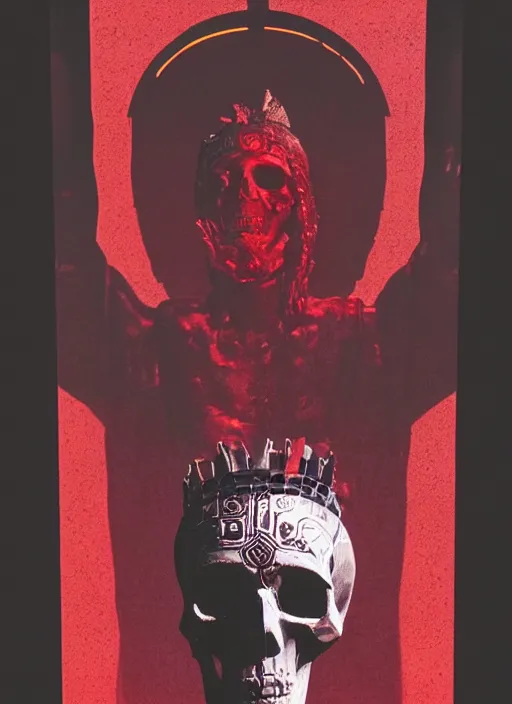 Image similar to dark design poster showing a statue of julius caesar with a skull, black background with very subtle red and purple design elements, powerful, nekro, vito acconci, thin straight lines, dark, glitch art, neo vaporwave, gritty, layout frame, square, trending on artstation