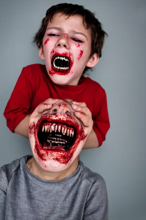 Image similar to A child full of teeth sprouting randomly all over his body except in his rotting mouth, within a room with 3 red windows