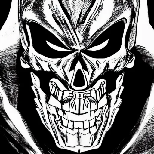 Image similar to a comic of a man wearing a skull fox mask, trending on artstation, highly detailed, sin city, frank miller,