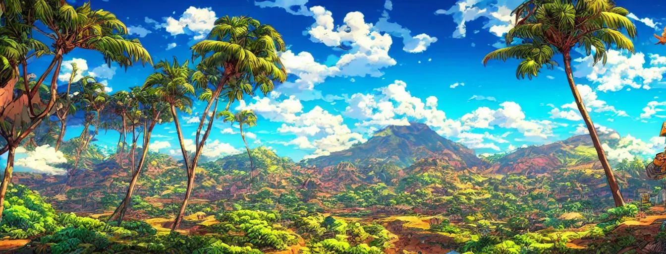 Prompt: hawaiian landscape with sky bright and open sky. hyperrealistic anime background illustration by kim jung gi, colorful, extremely detailed intricate linework, smooth, super sharp focus, bright colors, high contrast, matte, octopath traveler, unreal engine 5 highly rendered, global illumination, radiant light