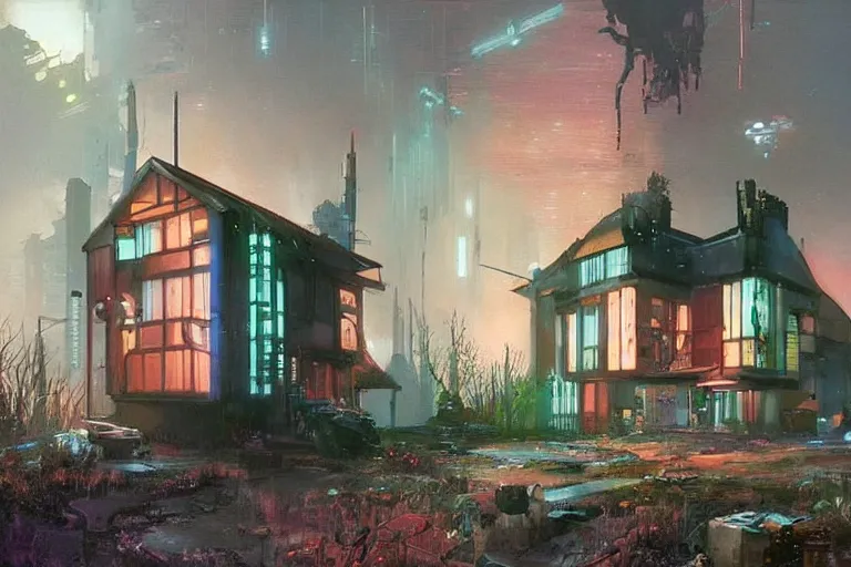 Image similar to an estate agent listing photo for a 5 bedroom detached cyberpunk house in the UK, by Paul Lehr