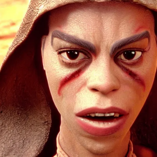 Prompt: film still of jar jar binks as a female cowgirl, long eyeslashes, big juicy lips, big seductive eyes