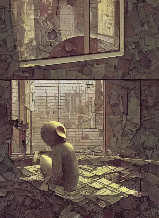 Prompt: 2 0 8 0 singularity scene by shaun tan, intricate, torn paper decollage, oil on canvas by edward hopper, ( by mattias adolfsson ), by moebius