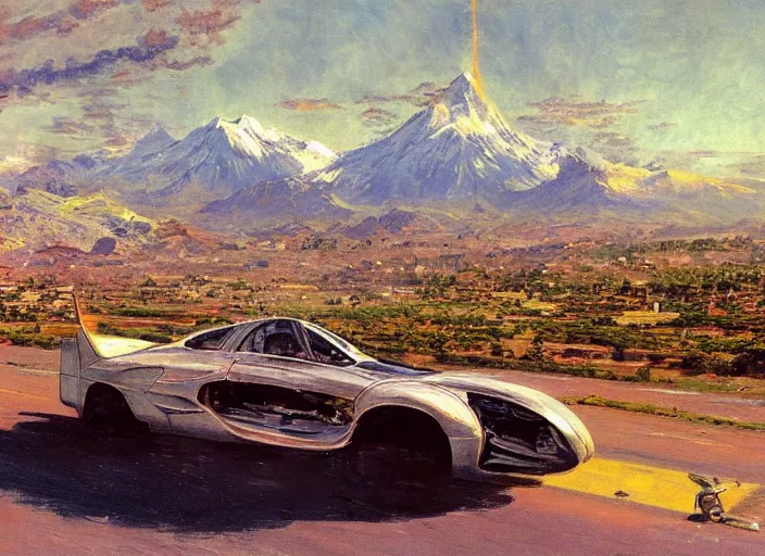 Prompt: illustration of a flying car crossing at full speed between buildings in santiago de chile with the andes mountain range in the background in a dystopian future by john berkey and monet