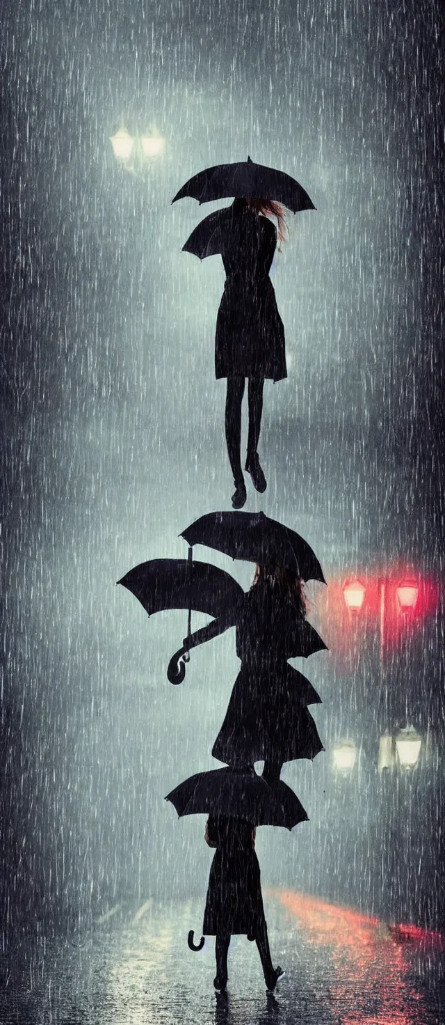 Image similar to lonely girl with umbrella on the wet road, rain, thunder, fog, night street, anime style