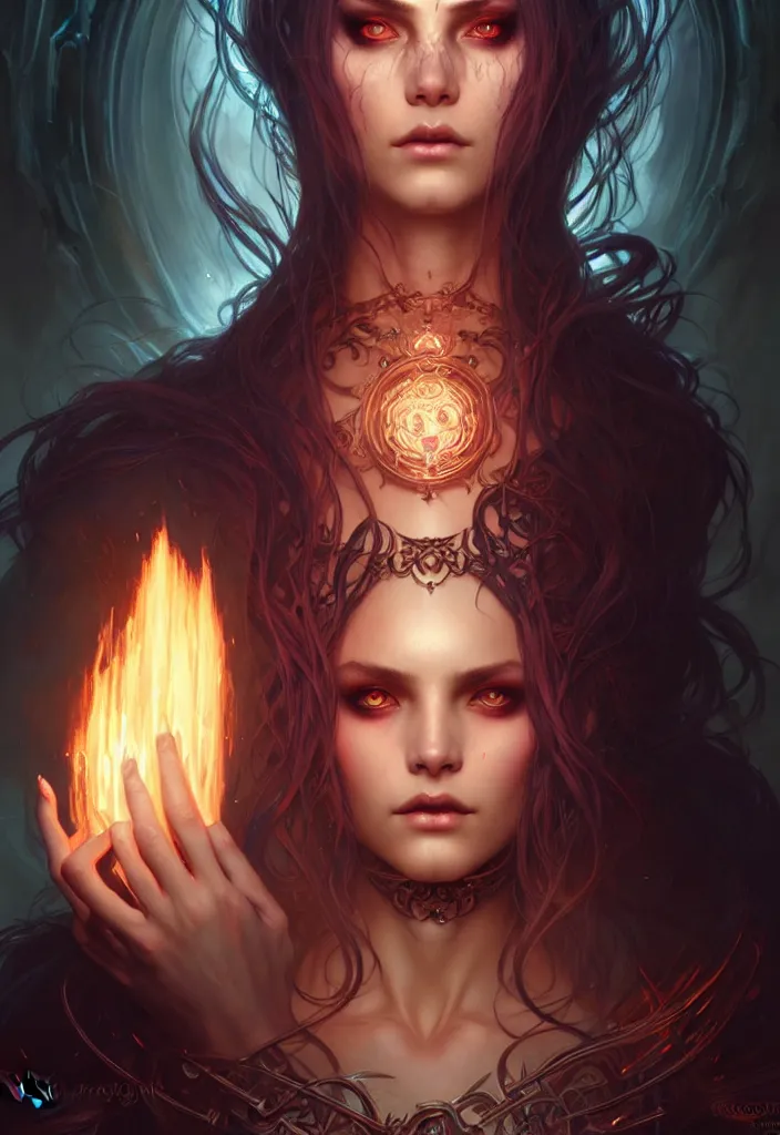 Image similar to Necromancer Sorceress face in center, fantasy magic, undercut hairstyle, dark light night, intricate, elegant, sharp focus, illustration, highly detailed, digital painting, concept art, matte, art by WLOP and Artgerm and Greg Rutkowski and Alphonse Mucha, masterpiece