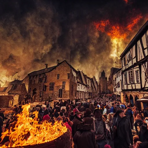 Prompt: a medieval city, plague, glowing fire, many people, wide angle