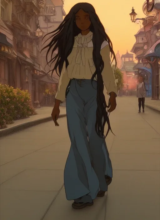 Image similar to pretty young black woman with long hair walking down a city street at dusk, path traced, highly detailed, high quality, digital painting, by studio ghibli and alphonse mucha, leesha hannigan, makoto shinkai, disney