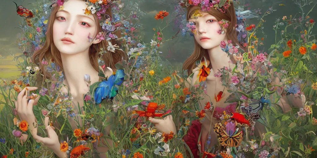 Image similar to breathtaking detailed concept art painting of the goddess of colourful bugs and meadow flowers, orthodox saint, with anxious, piercing eyes, ornate background, amalgamation of leaves and flowers, by Hsiao-Ron Cheng, James jean, Miho Hirano, Hayao Miyazaki, extremely moody lighting, 8K