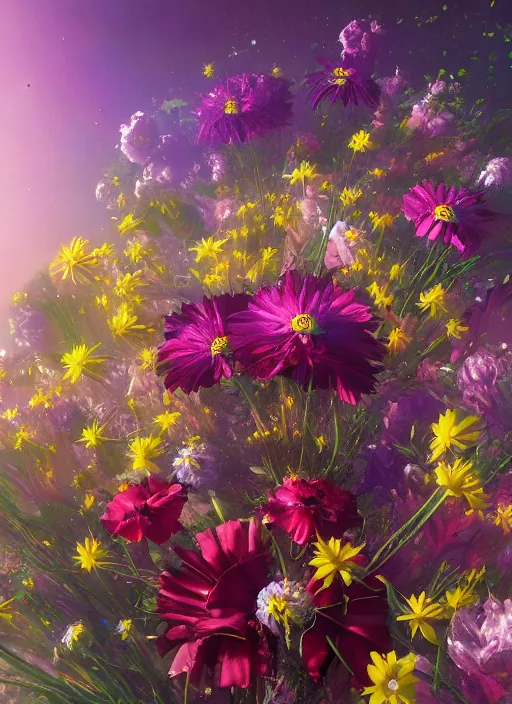 Image similar to An epic fantastic realism comic book style painting of the most beautiful flowers launched into space, bouquets, fisheye lens, unreal 5, DAZ, hyperrealistic, octane render, dynamic lighting