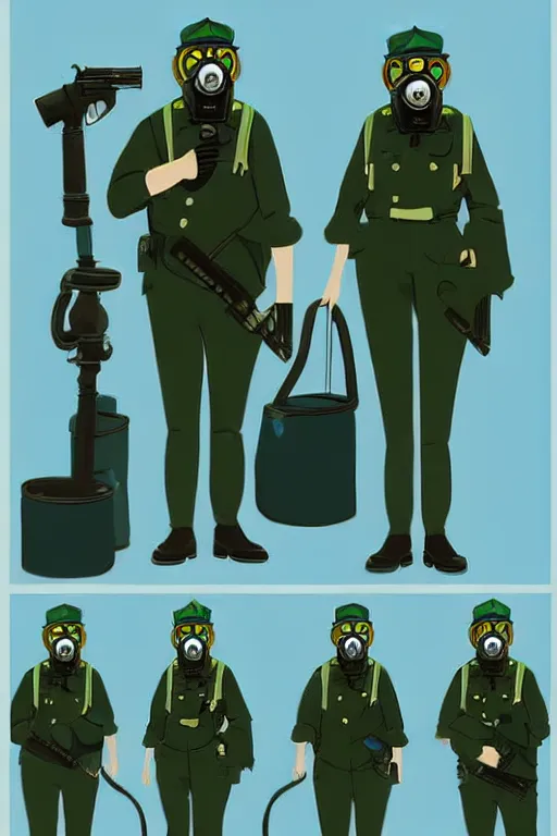 Image similar to cops member departement using gas mask, with blue and green blouse, high member use army hats. digital art, concept art, pop art, bioshock art style, accurate, detailed, gta chinatown art style, dynamic, face features, body features, ultra realistic, smooth, sharp focus, art by richard hamilton and mimmo rottela