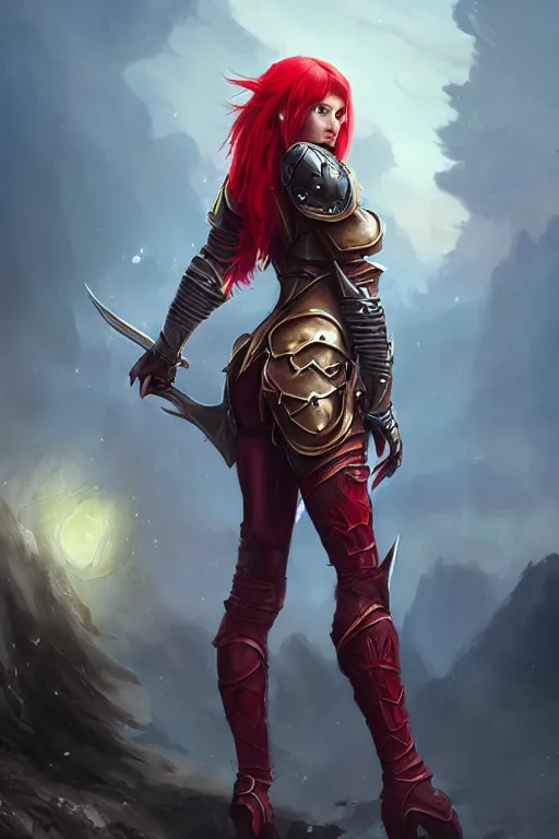 Prompt: Female paladin, dnd, d&d, leggins, red skintight leather armor, red hair, looking from behind, visible face, beautiful face, shapely derriere, high fantasy, matte painting, by wlop