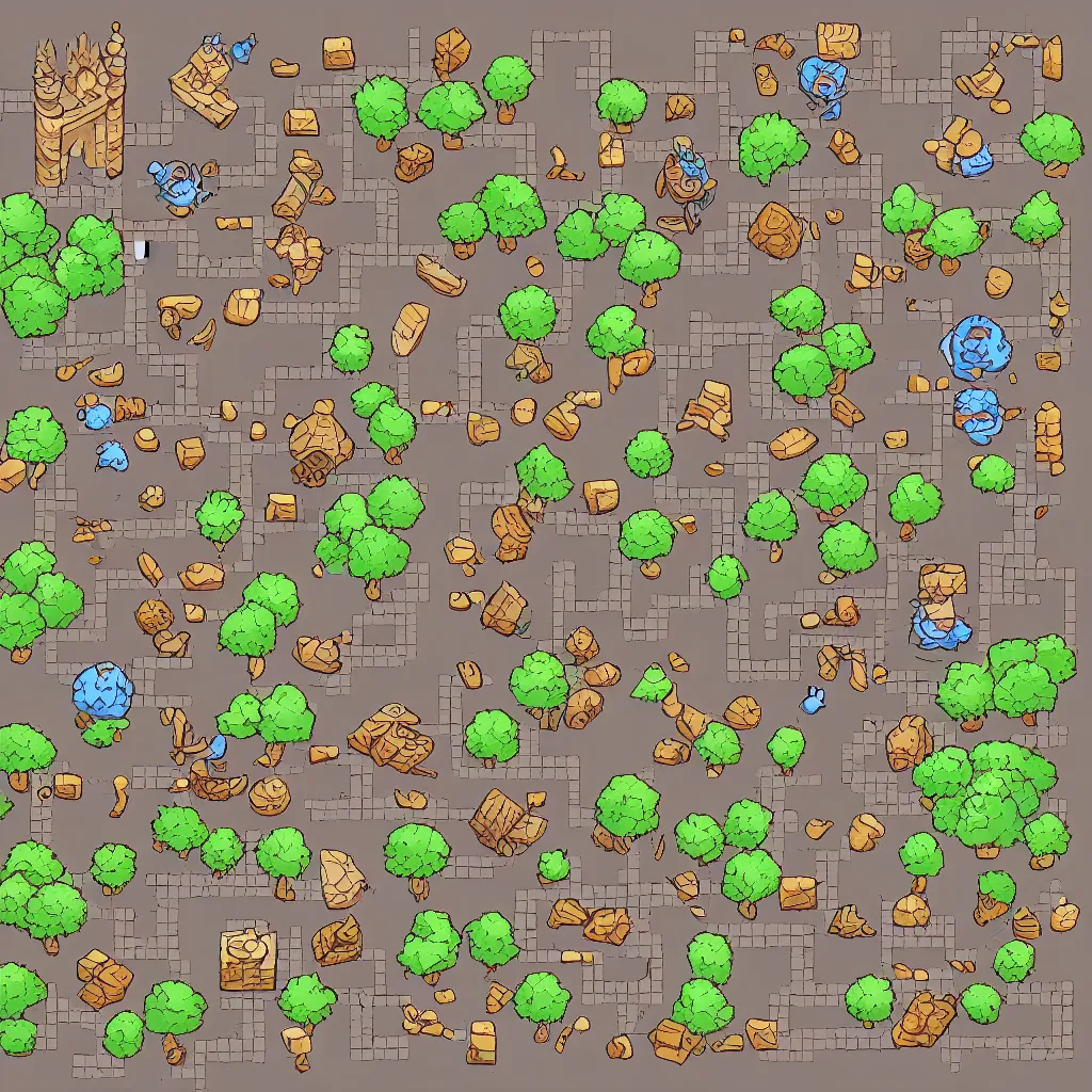 Prompt: lineart tileset including ground tile, resources tiles and wizard tower tiles