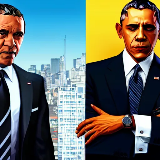 Image similar to Vladimir Putin and Barack Obama in GTA V, Cover art by Stephen Bliss, Boxart, loading screen