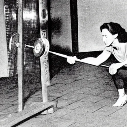 Image similar to Virginia Woolf deadlifting a heavy barbell