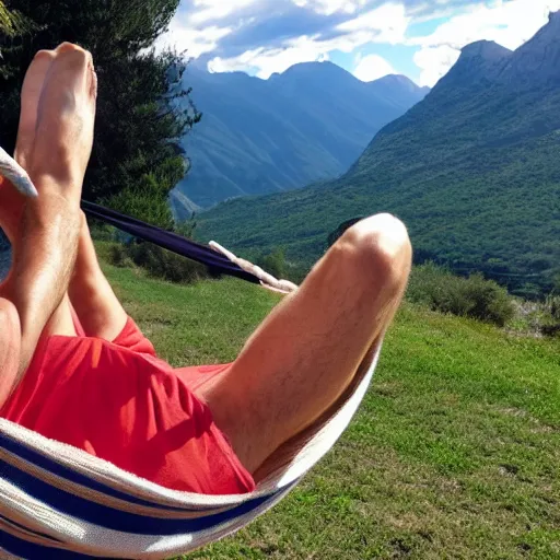 Image similar to my older italian wise friend on a hammock, reading new book, gravity is strong, he is very relaxed, muscular legs, mountains in a background