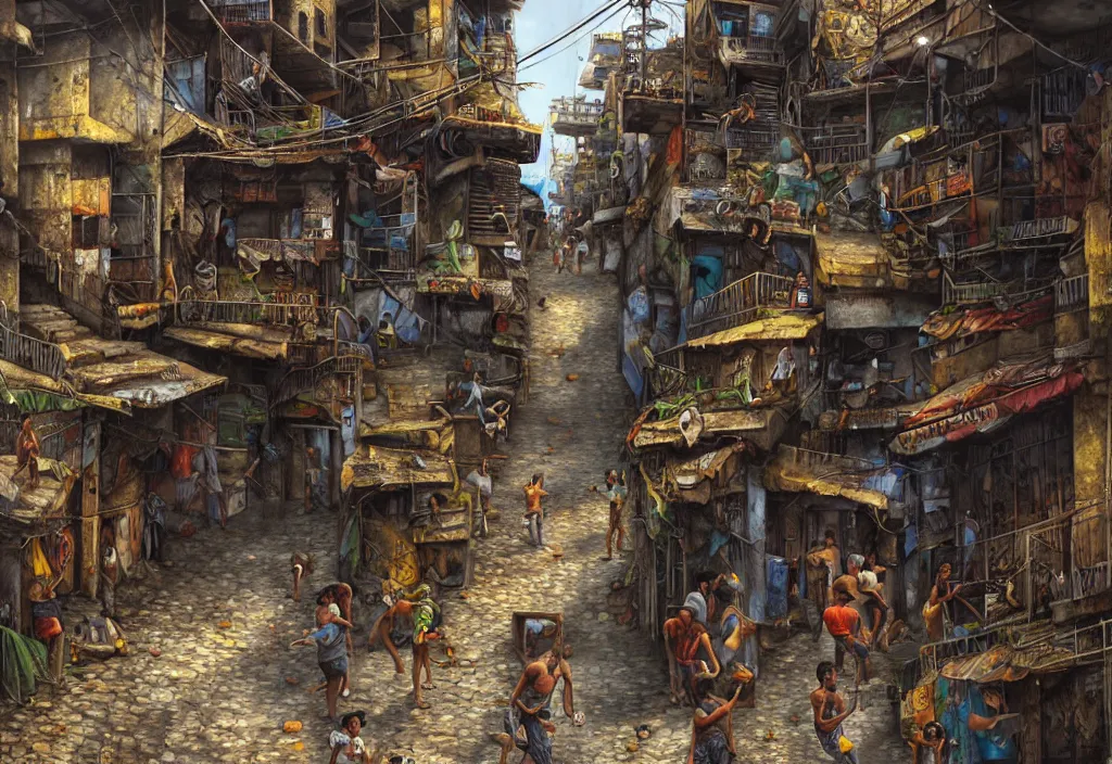 Image similar to photorealistic favela rocinha rio de janeiro with precise rendered alleys with intricate details of gun happy people in alley close view by Justin Gerard