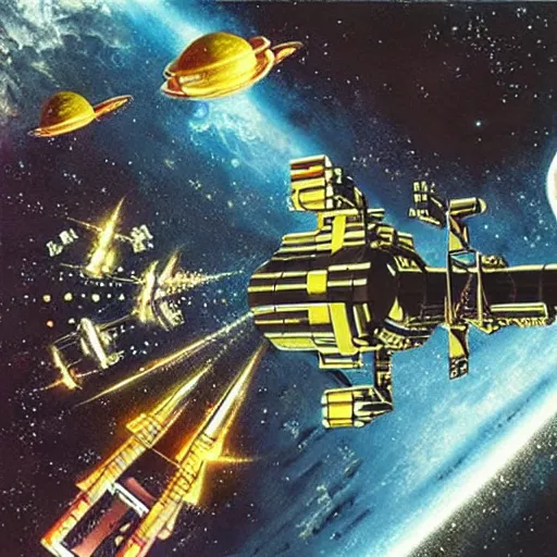 Prompt: abandoned space station, artwork by chris foss