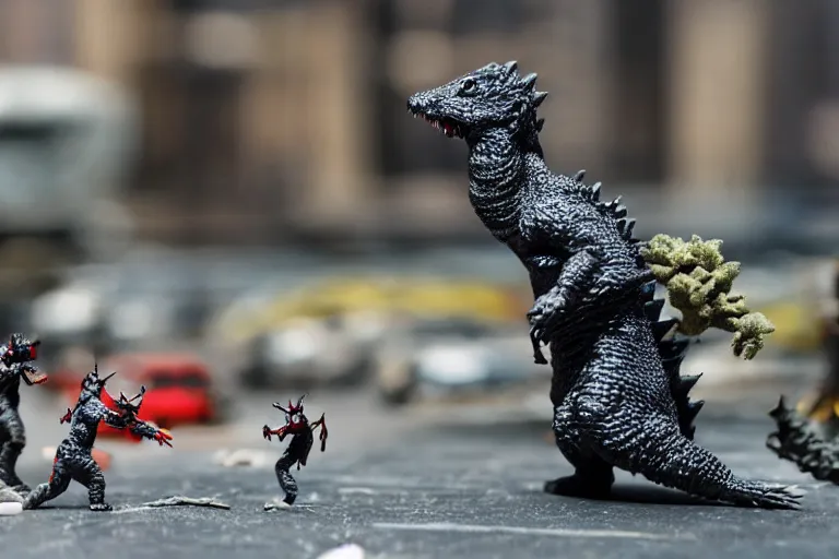 Image similar to film still of tiny godzilla fighting in a little model of new york city in the new godzilla ant man crossover movie, macro lens