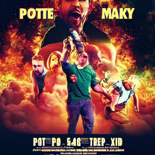 Image similar to potato salad action movie poster, explosions in background