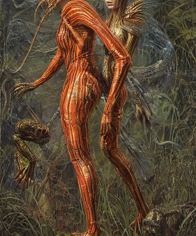 Prompt: a portrait photograph of a striped fierce sadie sink as a strong alien harpy queen with amphibian skin. she is dressed in a fiery lace shiny metal slimy organic membrane catsuit and transforming into a insectoid snake bird. by donato giancola, walton ford, ernst haeckel, peter mohrbacher, hr giger. 8 k, cgsociety