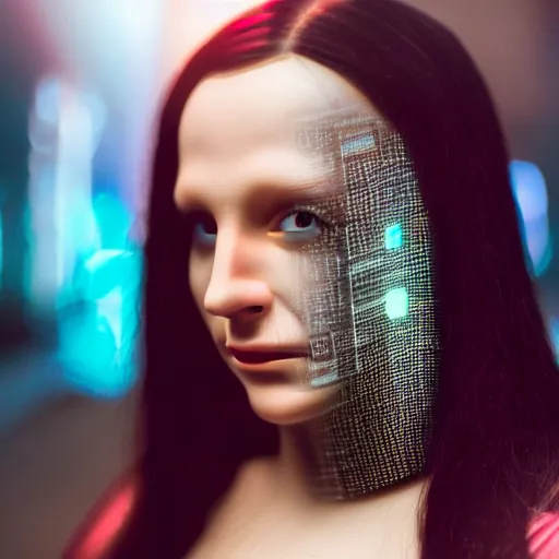 Image similar to cinematic movie still of cybernetic character named Mona Lisa in The Matrix, futuristic eye implant, cyberpunk, XF IQ4, 150MP, 50mm, F1.4, ISO 200, 1/160s, twilight in the city