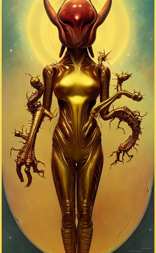 Image similar to exquisite imaginative alien creature poster art, humanoid, gold, movie art, by lucusfilm, weta studio, tom bagshaw, james jean, frank frazetta alphonso mucha, norman rockwell, giu, moebius, 8 k, denoised