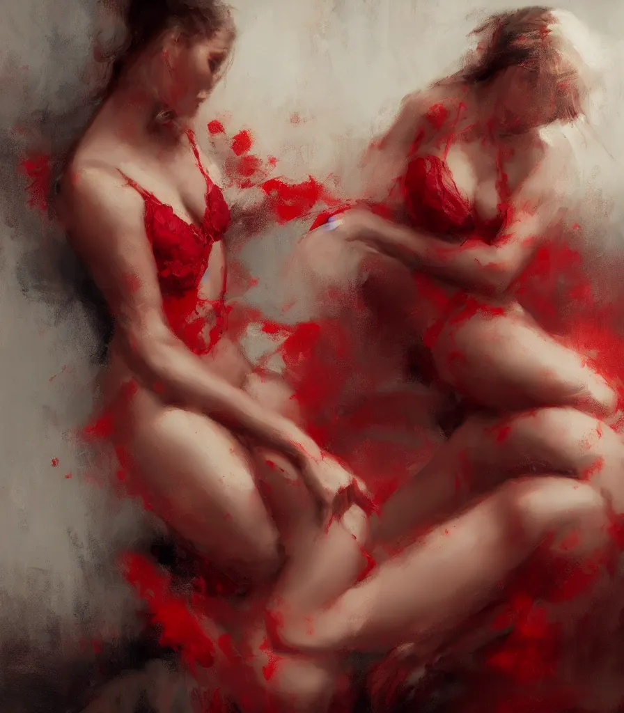 Prompt: hyperrealistic portrait of a beautiful venus modelling red lingerie, by jeremy mann inspired by the garden, fantasy art, photo realistic, dynamic lighting, artstation, poster, volumetric lighting, 4 k resolution, award winning, akt