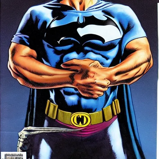 Image similar to young jeff goldblum as bruce wayne, muscular, batman t shirt, joe jusko, boris vallejo