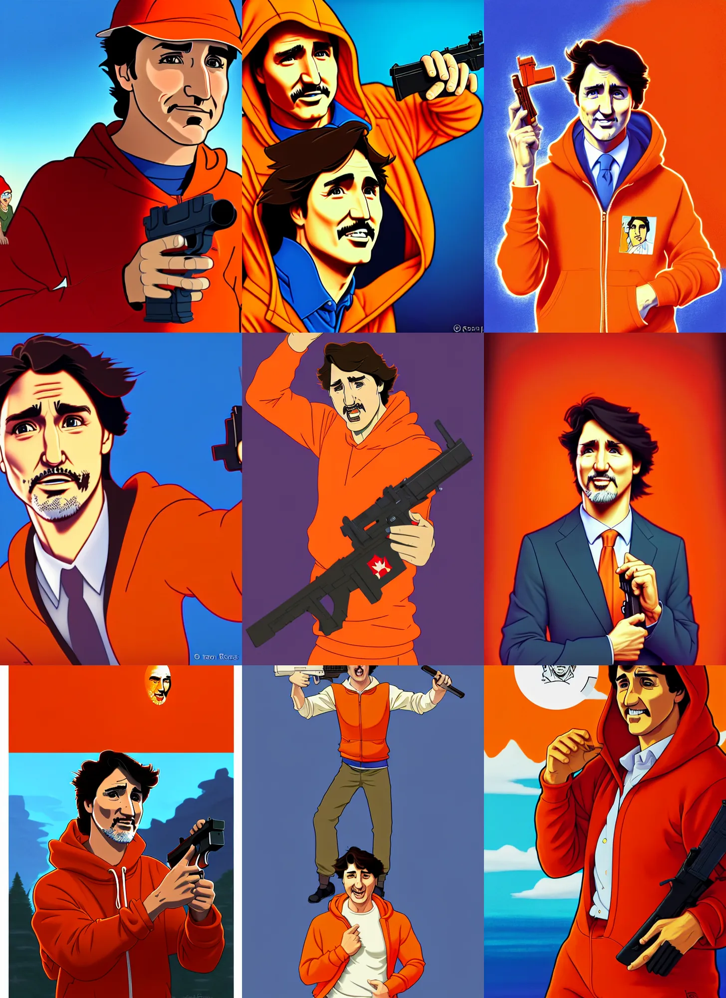 Prompt: justin trudeau as castro, orange hoody, holding a pistol, natural lighting, path traced, highly detailed, high quality, cartoon, digital painting, by don bluth and ross tran and studio ghibli and alphonse mucha