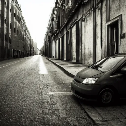 Prompt: lonely old lantern on empty modern street near the old car with light on