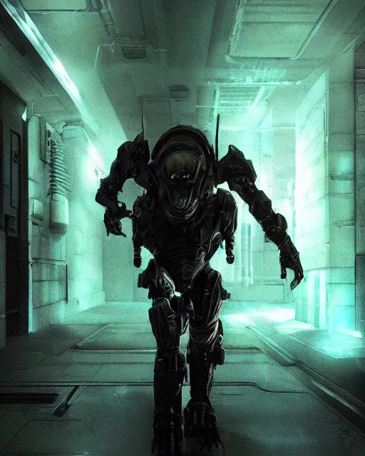 Image similar to Sci-Fi Lizard alien, armored, art by Kashin, Wadim, Martinière, Stephan, holding rifle, sharp focus, pitch black Spaceship hallway background, heroic pose, sci-fi horror artwork, octane render, dead space artwork, cyberpunk, horror, soft purple glow, warm light, arnold render, volumetric lighting, 8k high definition, highly detailed, trending on art Station, by Greg Rutkovski, magic the gathering artwork, centered, horror, sci-fi artwork