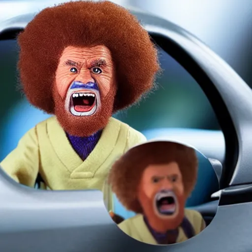Image similar to a screaming angry bob ross doll in rear view mirror