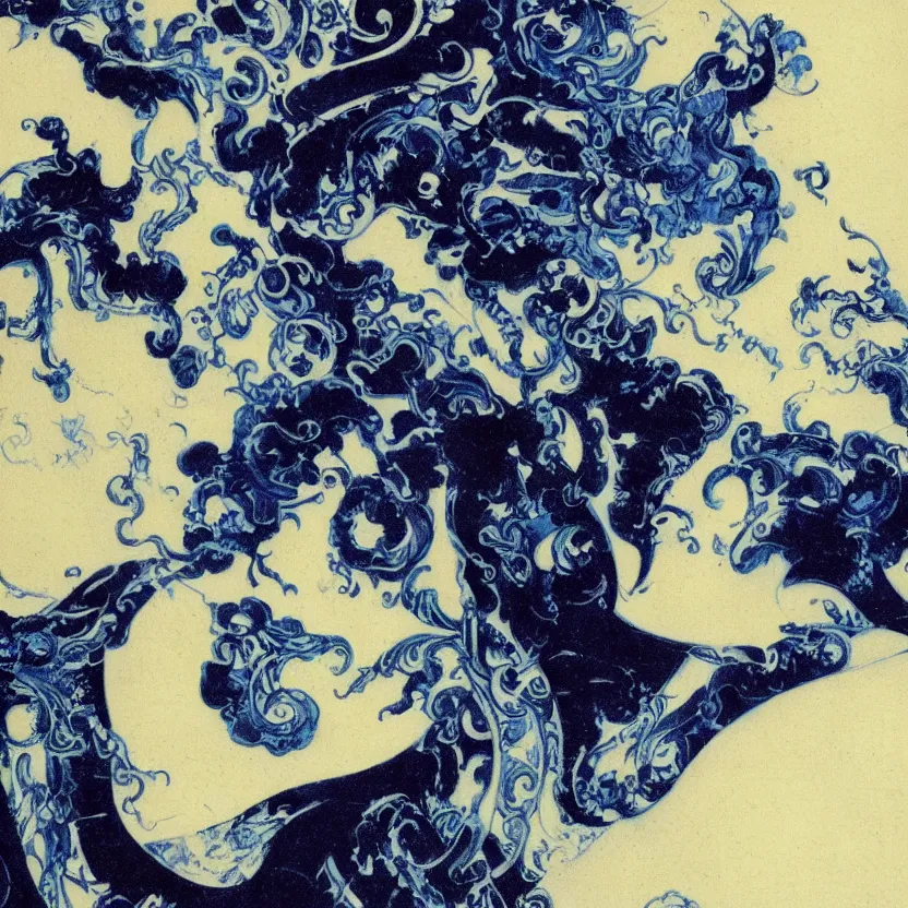Prompt: a dark baroque close - up portrait of an ornate blue and white porcelain being made out of white vitrified translucent ceramic ; china. reflective detailed textures. gloomy black background. highly detailed fantasy science fiction painting by moebius, norman rockwell, frank frazetta, and syd mead. rich colors, high contrast. artstation