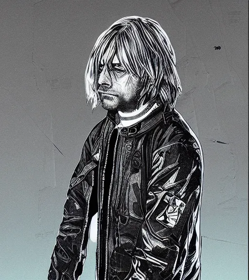 Prompt: Kurt Cobain with multiple digital patchwork faces, techwear, Industrial Scifi, detailed illustration, character portrait, by Martin Grip and Moebius