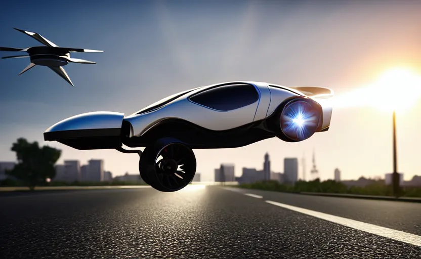 Prompt: photorealistic Flying cars on roads futuristic. daylight. sunlight. lens flare. light fixtures. 8K. detailed. photorealism. artstation. 25mm f/1.7 ASPH Lens. ultra realistic