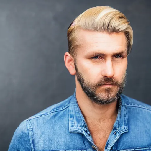 Image similar to close up of face of good looking 4 0 year old slavic blond man with blond stubble, very short wavy blond hair in a short pompadour style, very dark blue eyes, portrait, 4 k