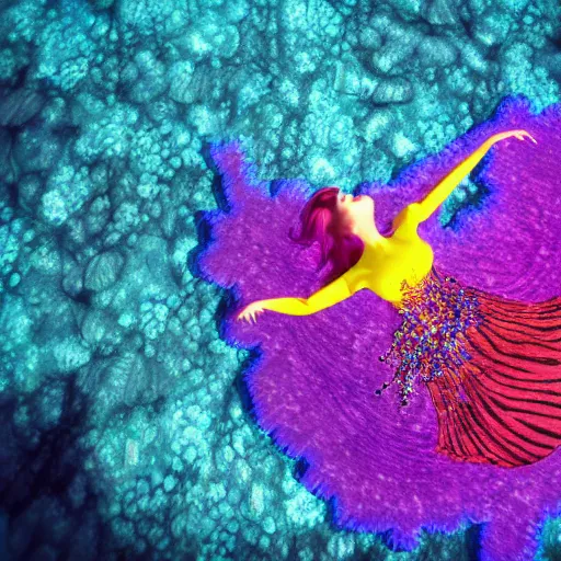 Prompt: woman dancing underwater wearing a flowing dress made of blue, magenta, and yellow seaweed, amazing corals around her, swirling silver fish, unreal engine, caustics lighting from above, cinematic