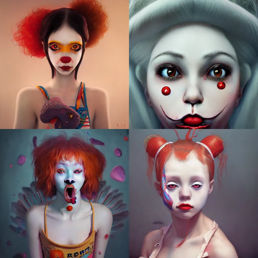 Image similar to breathtaking detailed painting of clown girl , with anxious, piercing eyes, Atari game cover art by Hsiao-Ron Cheng, James jean, Miho Hirano, Hayao Miyazaki, extremely moody lighting, hyperrealistic, octane render, RPG portrait, ambient light, dynamic lighting