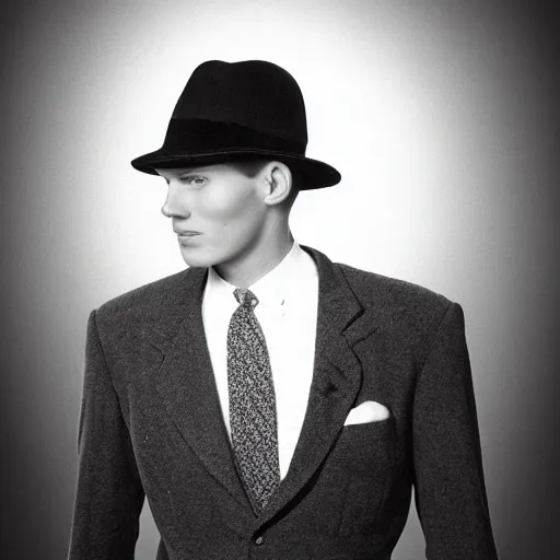 Prompt: A photograph portrait of Jerma985 wearing a suit with and fedora in the 1950s, taken in the early 1950s, grainy, taken on a 1950s Kodak Camera, realistic, hyperrealistic, very realistic, highly detailed, very detailed, extremely detailed, detailed, digital art, trending on artstation
