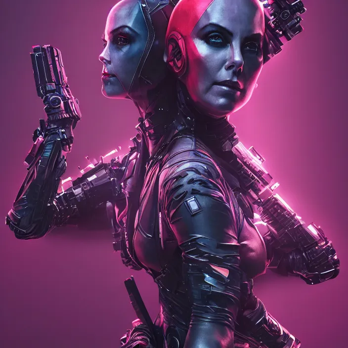 Image similar to charlize theron as lady deadpool. intricate abstract. intricate artwork. by tooth wu, wlop, beeple, dan mumford. octane render, trending on artstation, greg rutkowski very coherent symmetrical artwork. cinematic, hyper realism, high detail, octane render, 8 k, iridescent accents
