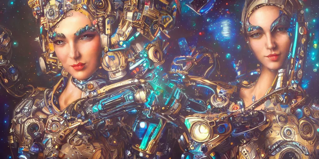 Image similar to a female robotic ai, she is painting cosmic art onto a canvas, insanely detailed and intricate, hypermaximalist, elegant, ornate, hyper realistic, super detailed, Art Deco, cinematic, trending on artstation, magic the gathering artwork, centered