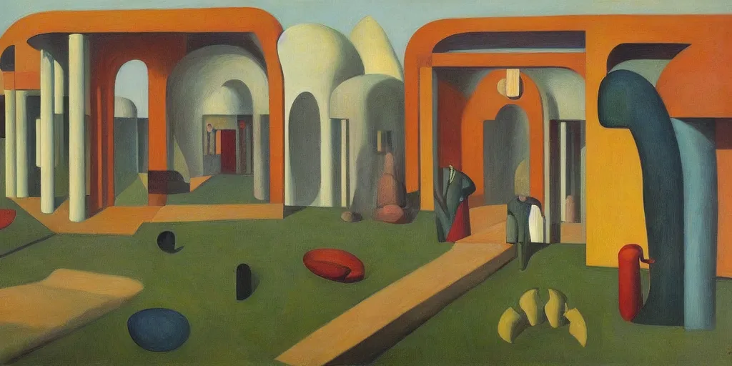 Image similar to biomorphic architecture, fantastical courtyard, grant wood, pj crook, edward hopper, oil on canvas