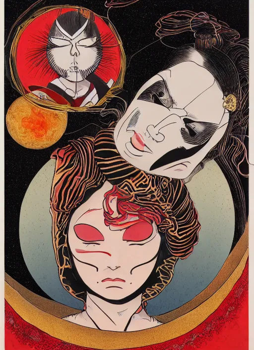 Prompt: portrait of a woman with a mask on his face in the form of a spiral in a golden kimono, full face, against the background of a bright red moon, sad motif, by hisashi eguchi, kentaro miura, and yoshitaka amano, soft colors, futuristic, 8 k