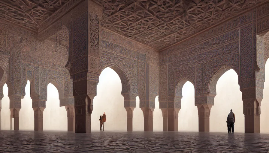 Image similar to the inside of a monument with moroccan motifs, by tim blandin and arthur haas and bruce pennington and john schoenherr, big windows architecture by zaha hadid, octane render, cinematic, scenery, cgsociety, modernism, futuristic, trending on artstation, sci - fi, high detail, high quality, close up angle, people walking