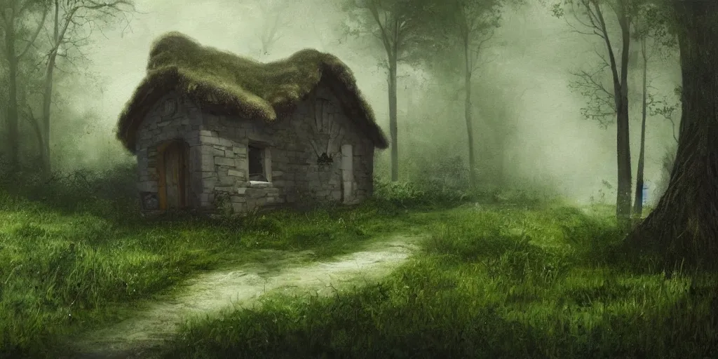 Prompt: a painting of lone cottage in the woods and empty woods, 8k, fantasy, hyper realistic, atmospheric, cinematic