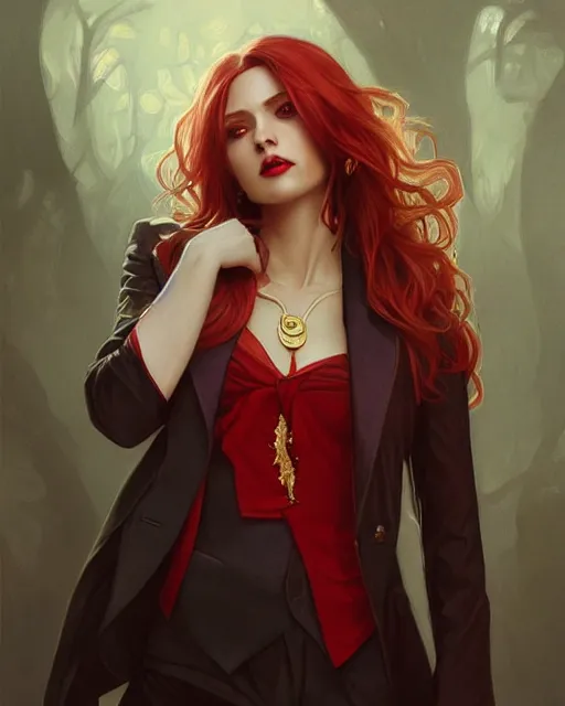 Prompt: female vampire, perfect face, gold waistcoat, red shirt, long grey hair, red necktie, cinematic, stunning, highly detailed, digital painting, artstation, smooth, hard focus, illustration, art by artgerm and greg rutkowski and alphonse mucha
