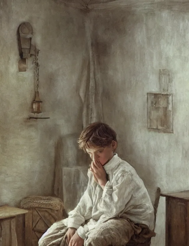 Prompt: peasant boy praying in country house, cottage core, cinematic focus, polaroid photo bleached vintage pastel colors high - key lighting, soft lights, foggy, by steve hanks, by lisa yuskavage, by serov valentin, by tarkovsky, detailed, oil on canvas