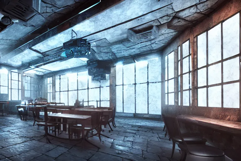 Prompt: ultra mega super hyper realistic Digital concept interior design of cyberpunk tavern with stone walls and neon lights. Natural white sunlight from the transperient roof. Rendered in VRAY and DaVinci Resolve and MAXWELL and LUMION 3D, Volumetric natural light