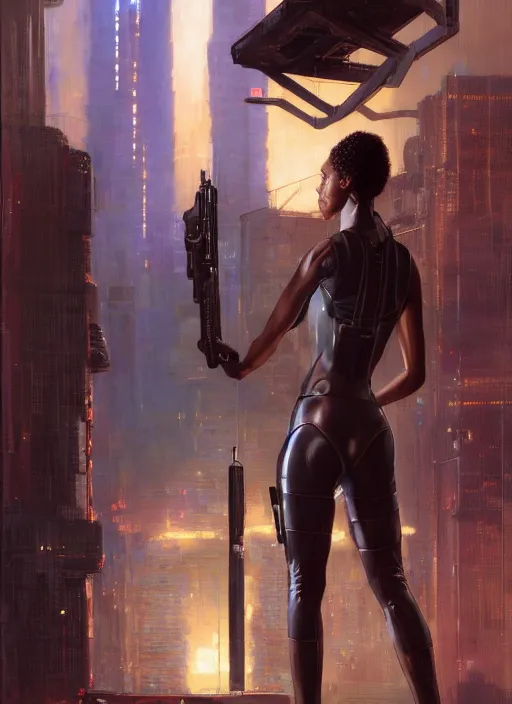 Image similar to misty knight. cyberpunk police trooper in a military vest ( blade runner 2 0 4 9, cyberpunk 2 0 7 7 ). orientalist portrait by john william waterhouse and james gurney and theodore ralli and nasreddine dinet, oil on canvas. cinematic, hyper realism, realistic proportions, dramatic lighting, high detail 4 k